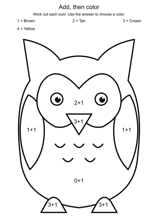 Woodland owl: addition color code printable activity preview