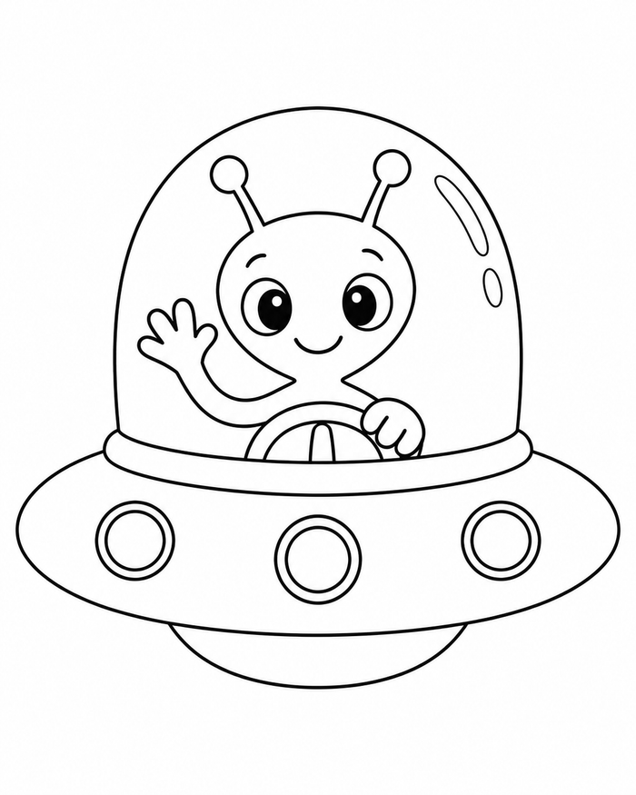 Alien in a flying saucer coloring preview