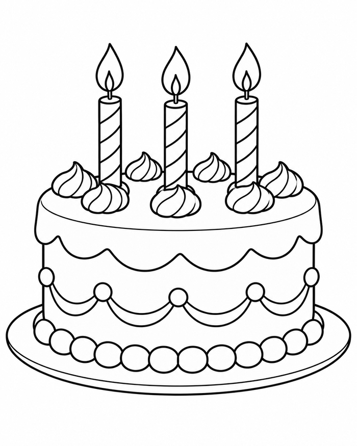 Birthday cake with three candles coloring preview