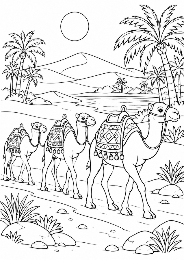 Camel caravan at the oasis printable activity preview