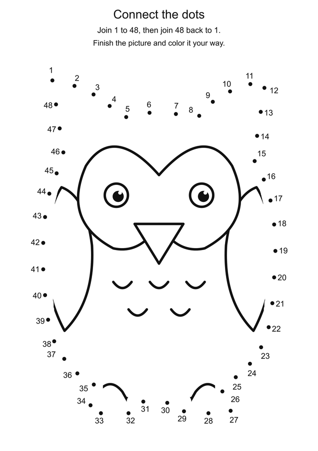 Woodland owl: connect 48 dots printable activity preview