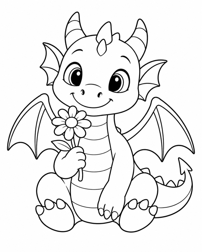 Dragon with a flower coloring preview