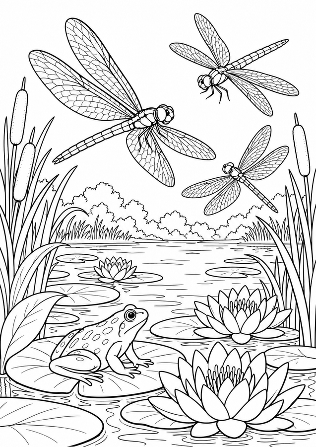 Dragonflies over the lily pond printable activity preview