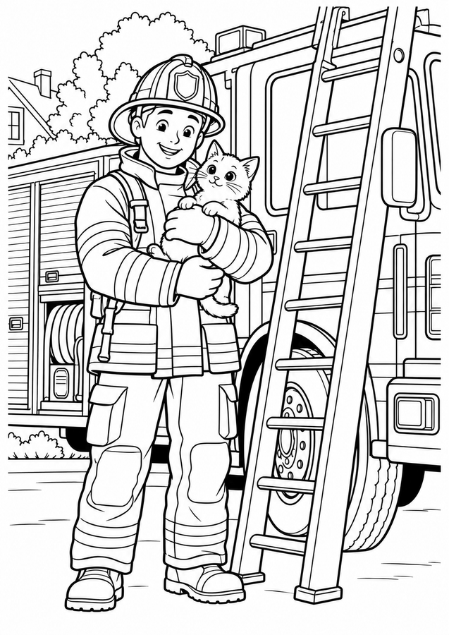 Firefighter rescuing a kitten printable activity preview