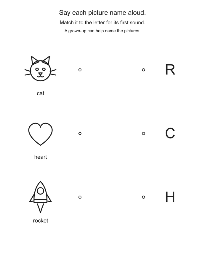 First sounds: cat, heart, rocket printable activity preview