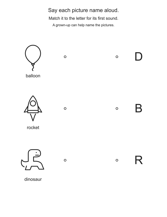 First sounds: balloon, rocket, dinosaur printable activity preview