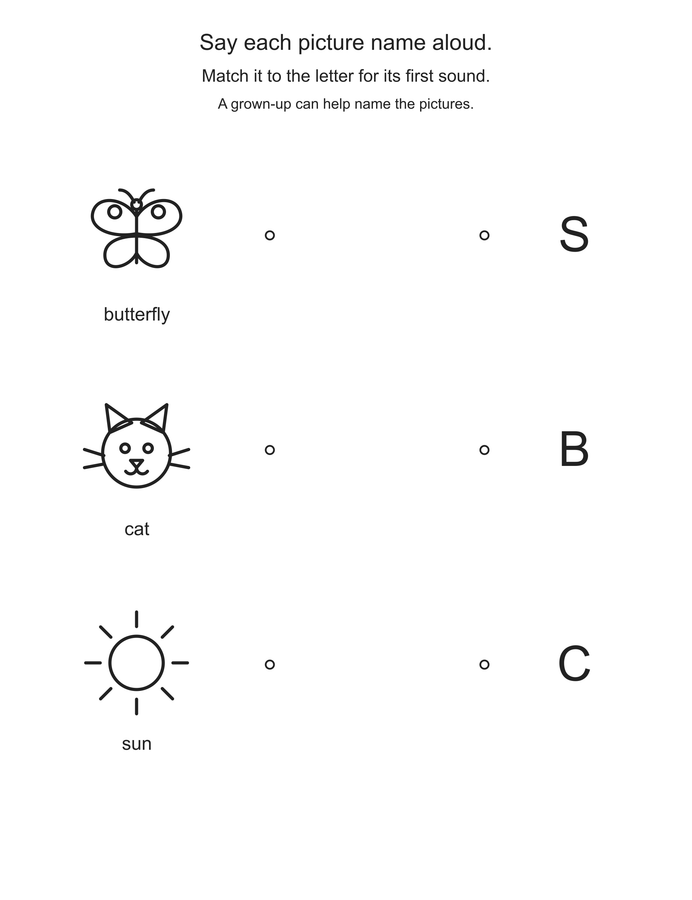 First sounds: butterfly, cat, sun printable activity preview