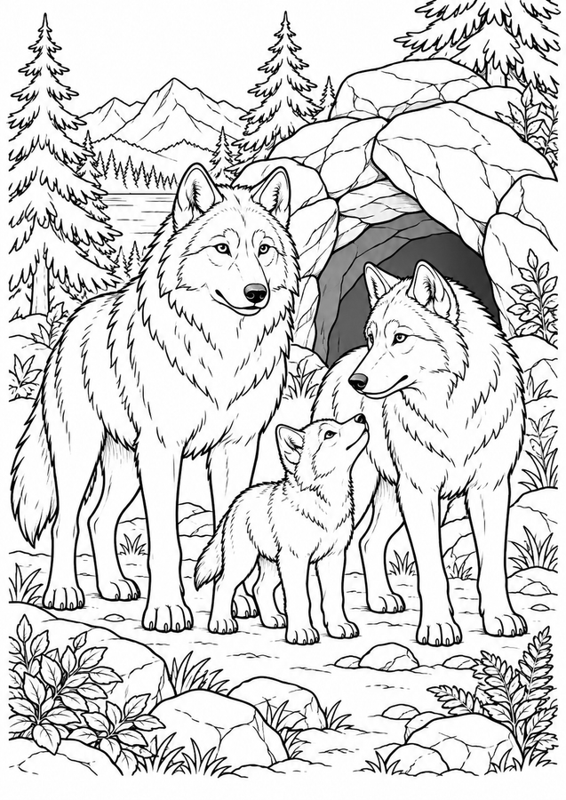 Forest wolf family at the den printable activity preview
