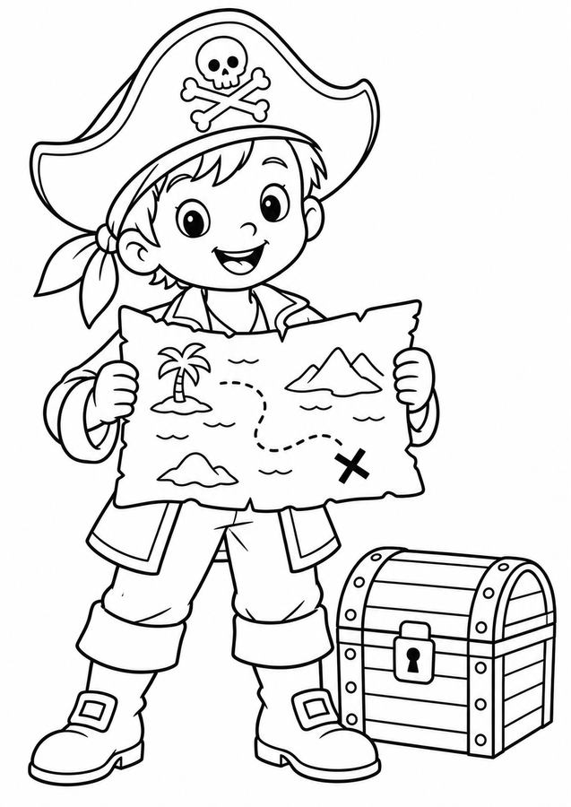 Friendly pirate with a treasure map printable activity preview