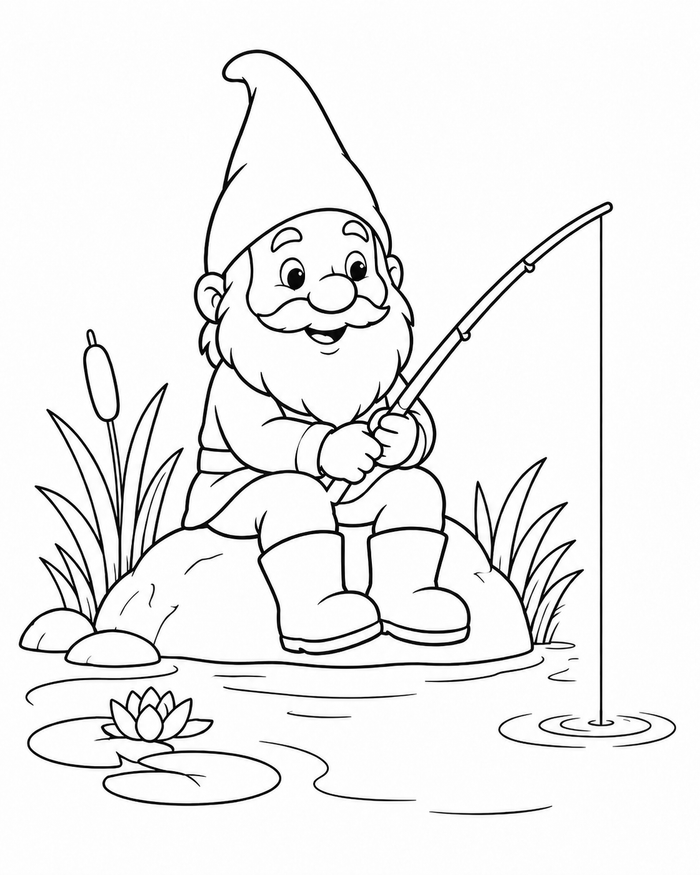 Gnome fishing coloring preview