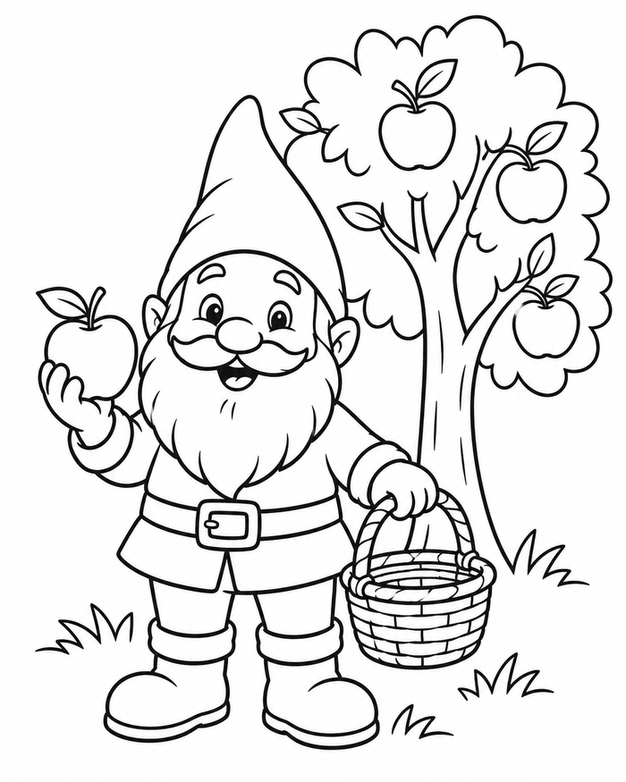 Gnome picking apples coloring preview