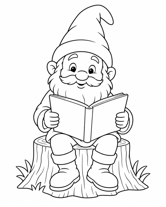 Gnome reading a book coloring preview