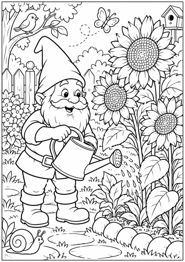 Garden gnome with sunflowers printable activity preview