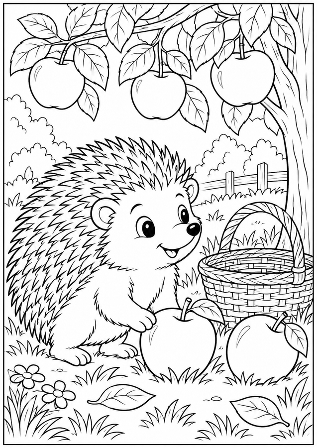 Hedgehog at the apple tree printable activity preview