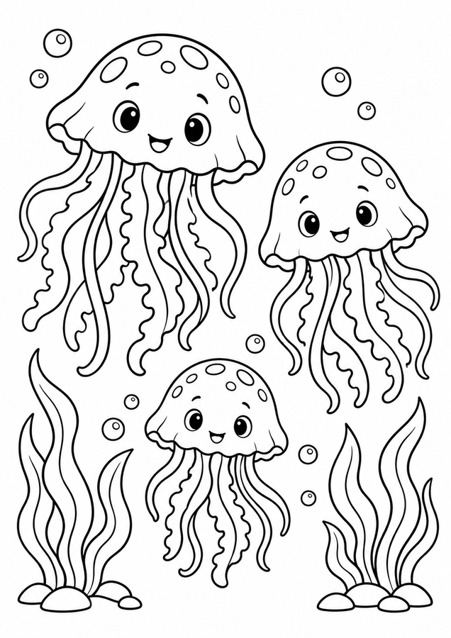 Jellyfish drifting past seaweed printable activity preview