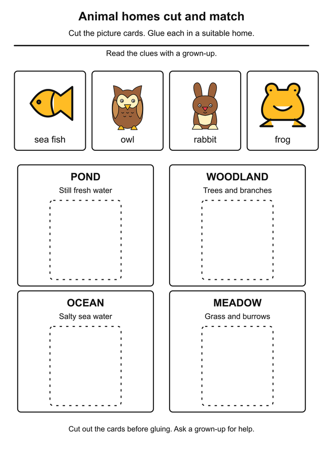 Animal homes cut and match printable activity preview
