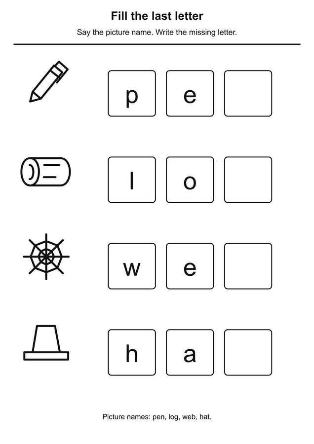 Fill the last letter printable activity preview