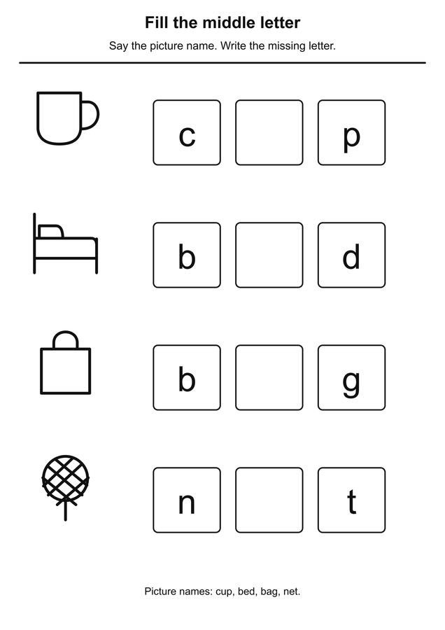 Fill the middle letter printable activity preview