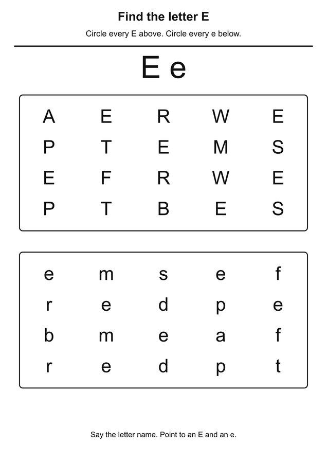 Letter E and e search printable activity preview