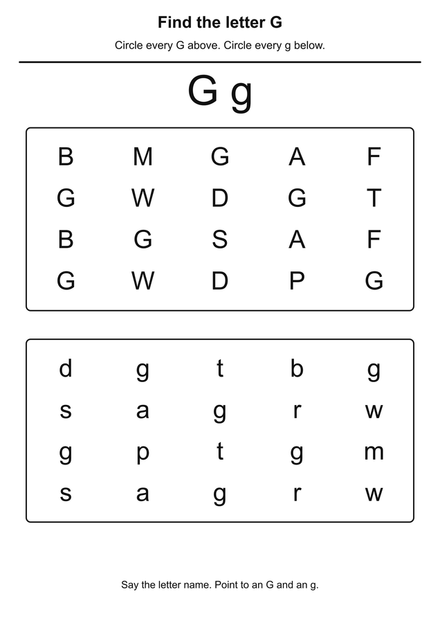 Letter G and g search printable activity preview