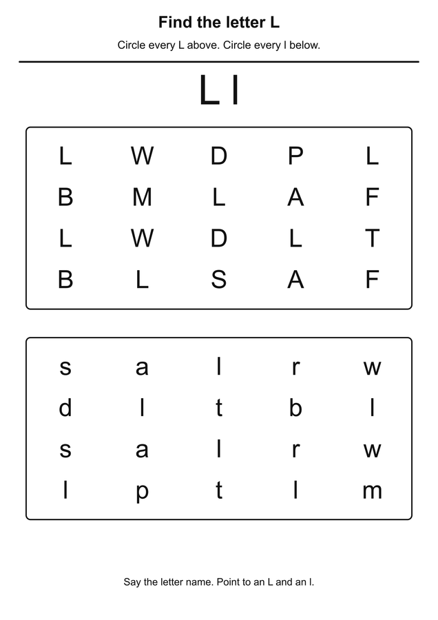 Letter L and l search printable activity preview
