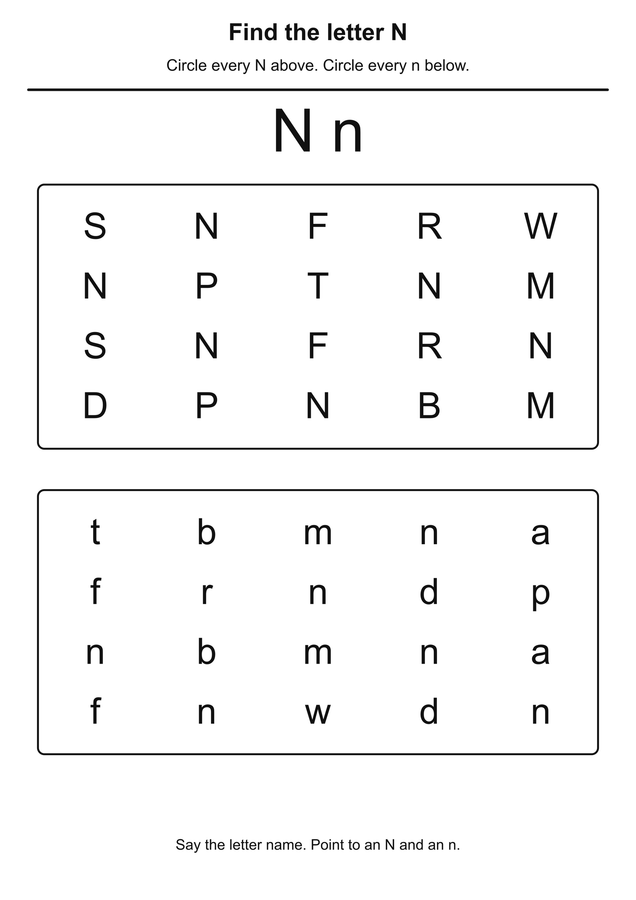 Letter N and n search printable activity preview
