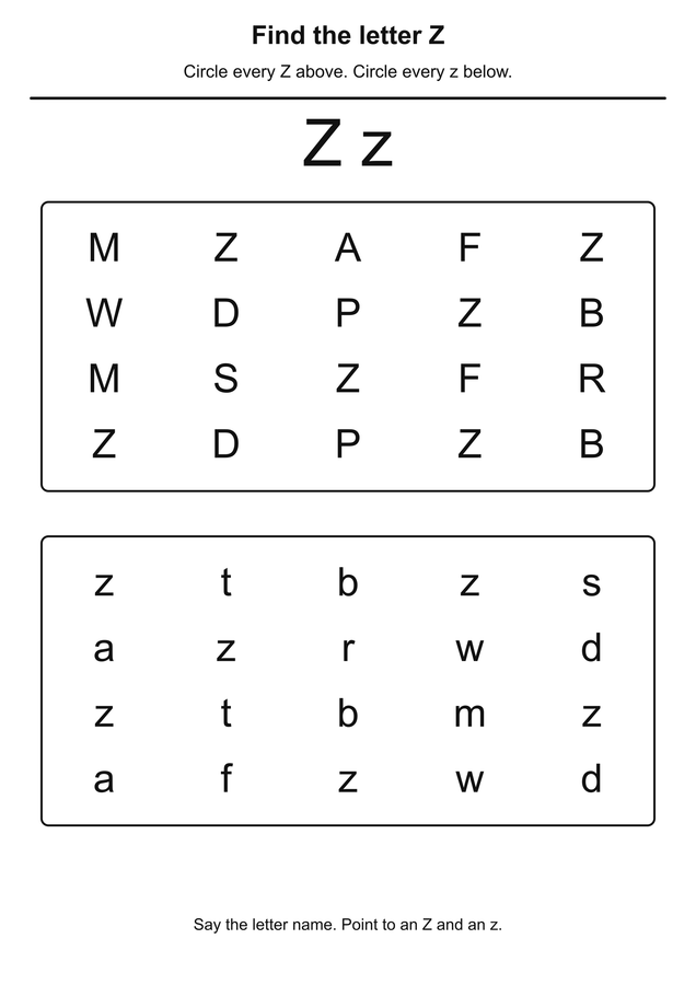 Letter Z and z search printable activity preview