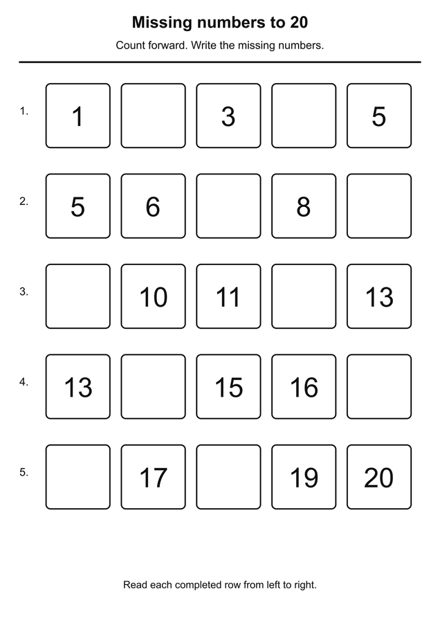 Missing numbers to 20 printable activity preview