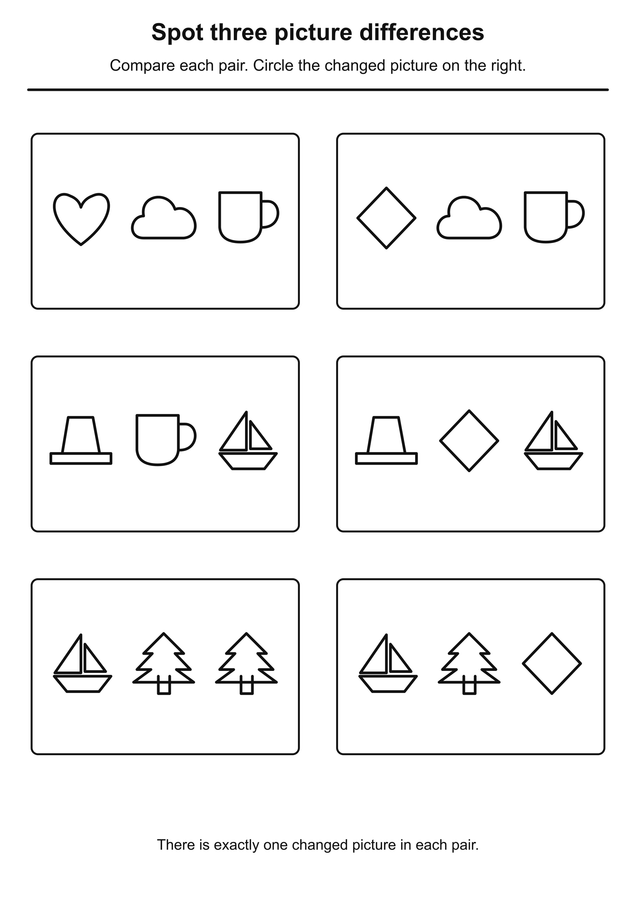 Spot three picture differences printable activity preview