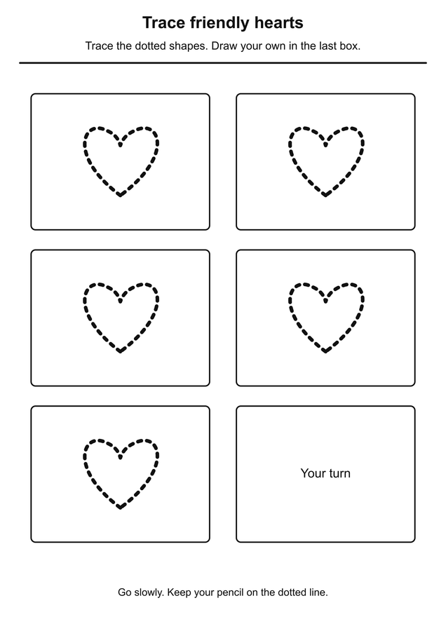 Trace friendly hearts printable activity preview
