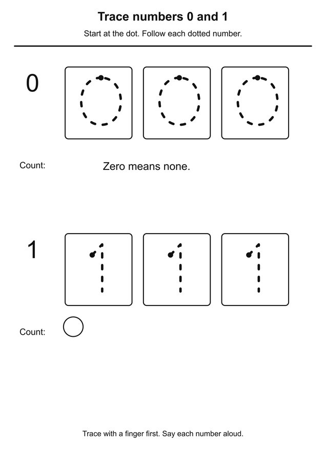 Trace numbers 0 and 1 printable activity preview