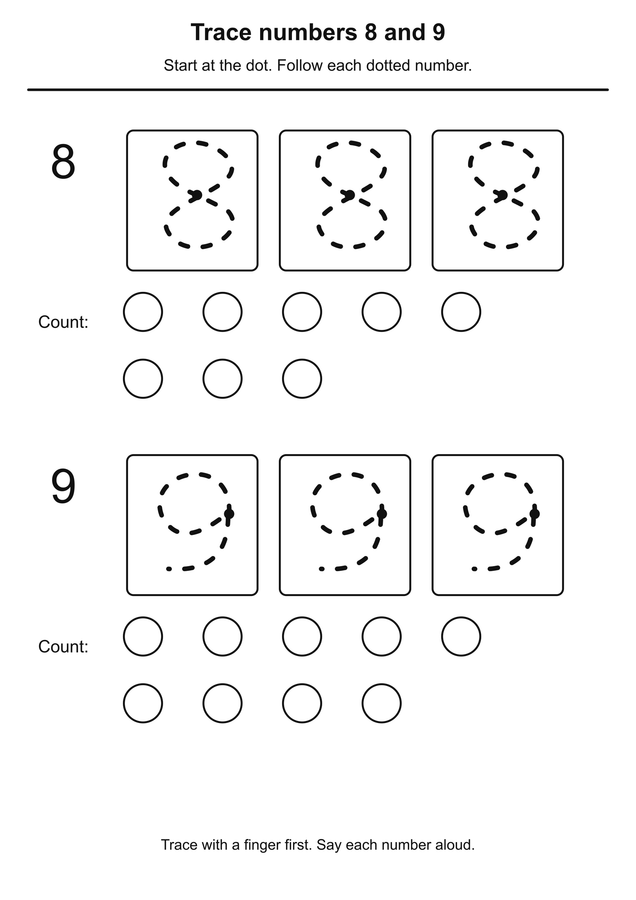 Trace numbers 8 and 9 printable activity preview