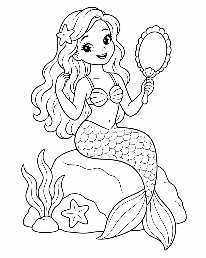 Mermaid and shell mirror coloring preview