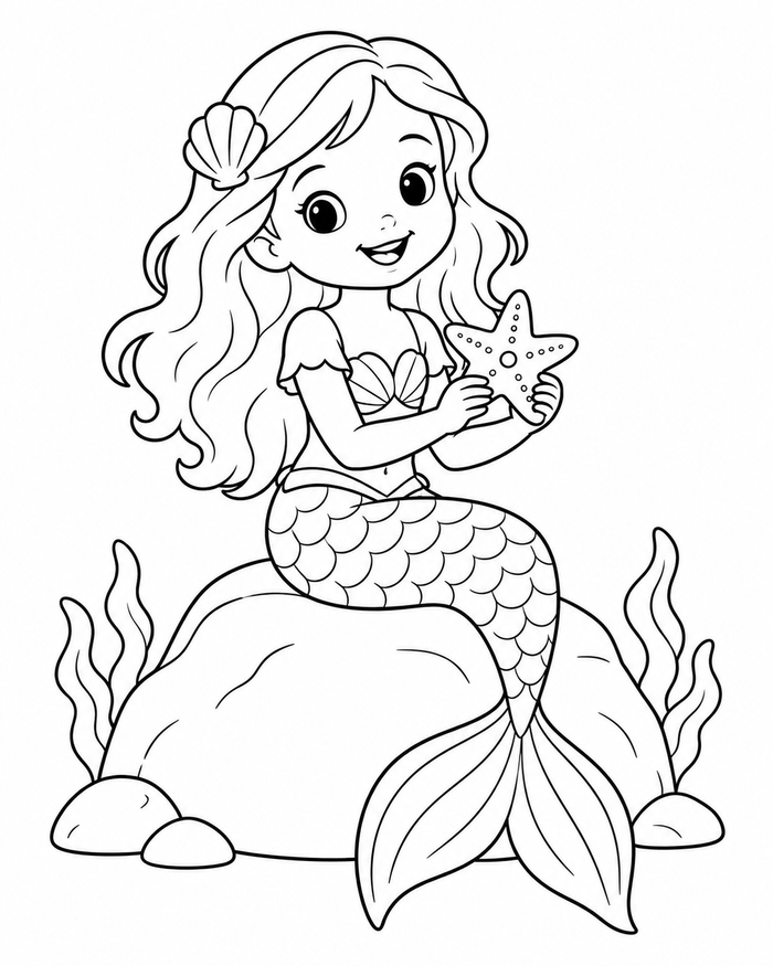 Mermaid and starfish coloring preview