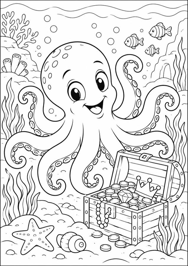 Octopus and a treasure chest printable activity preview