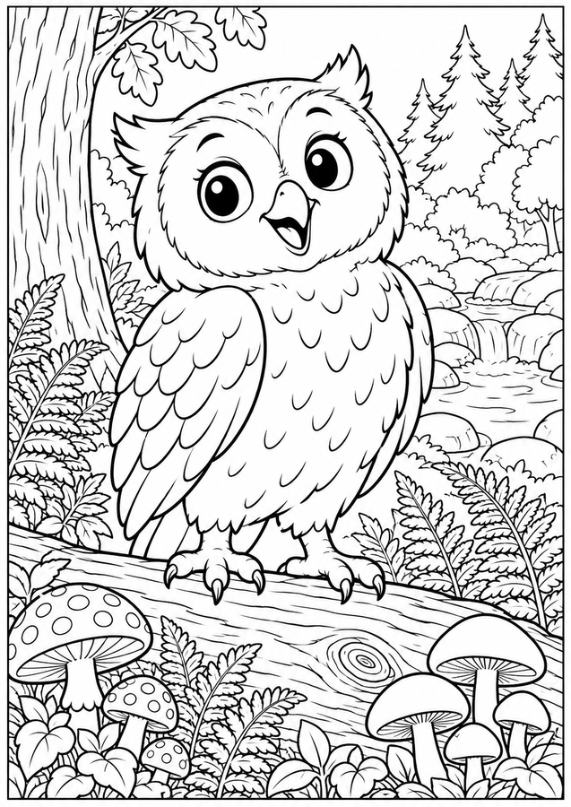 Owl and woodland mushrooms printable activity preview