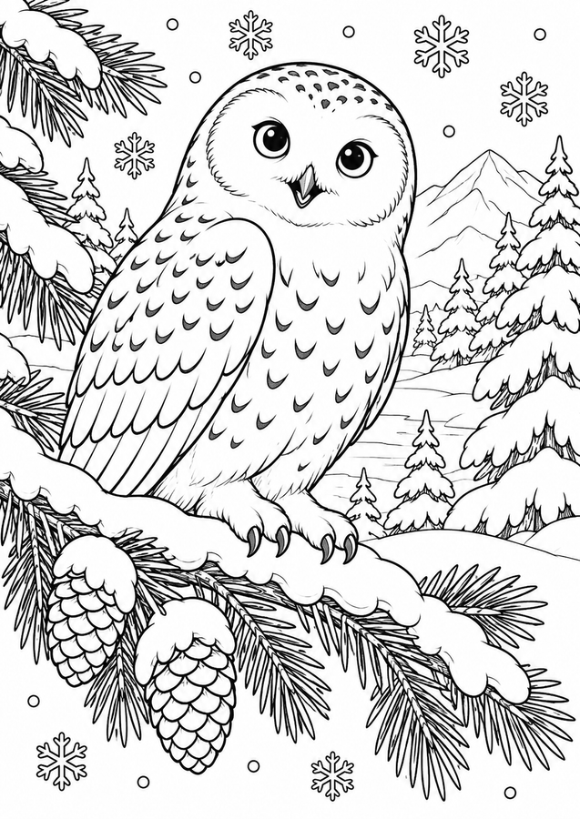 Snowy owl in the pine forest printable activity preview