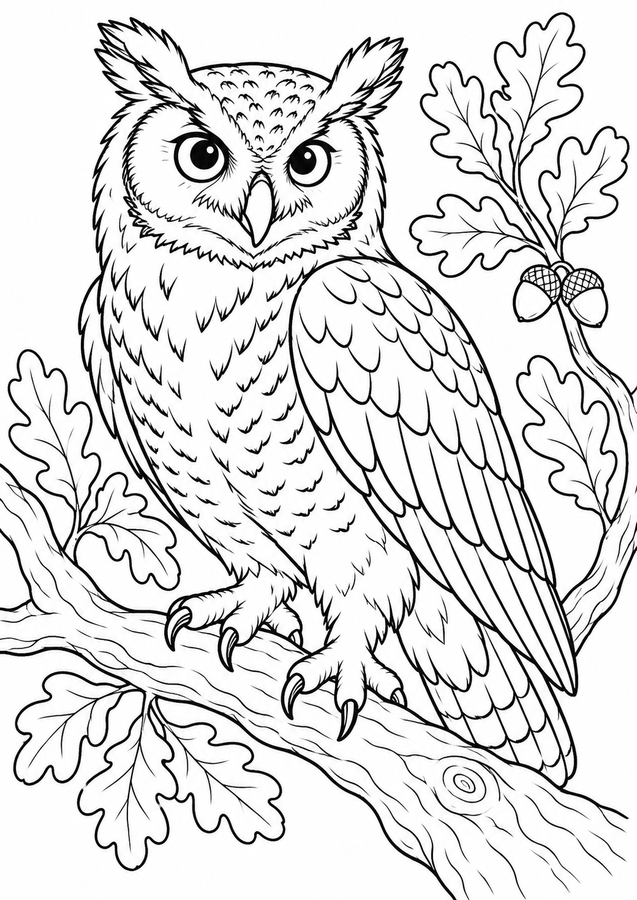 Woodland owl on a leafy branch printable activity preview