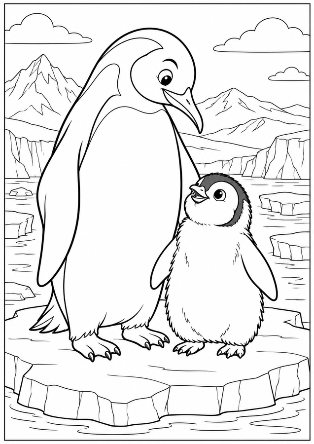 Penguin with its chick printable activity preview