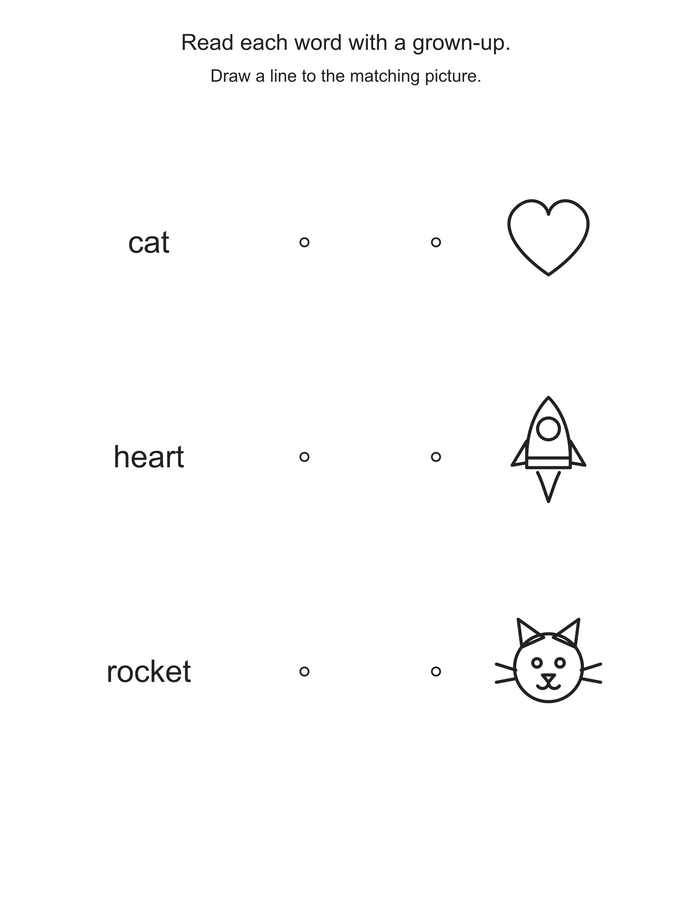 Read and match: cat, heart, rocket printable activity preview