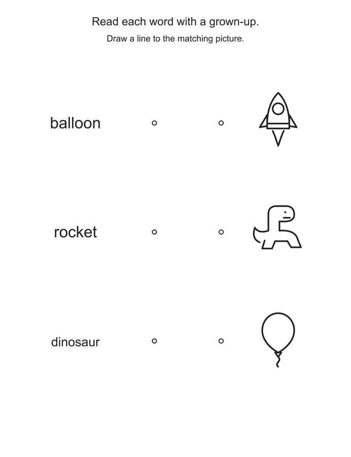 Read and match: balloon, rocket, dinosaur printable activity preview