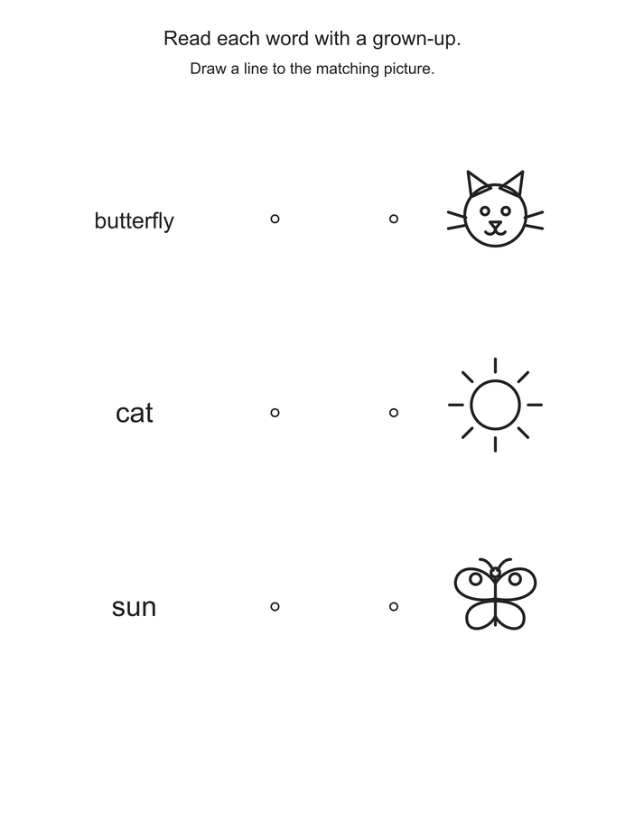 Read and match: butterfly, cat, sun printable activity preview