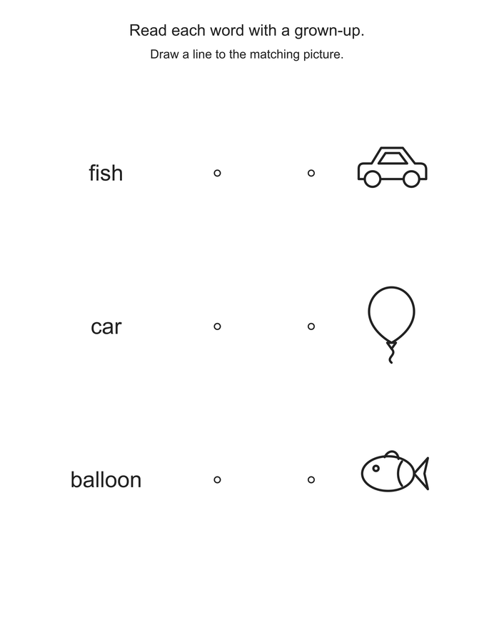 Read and match: fish, car, balloon printable activity preview