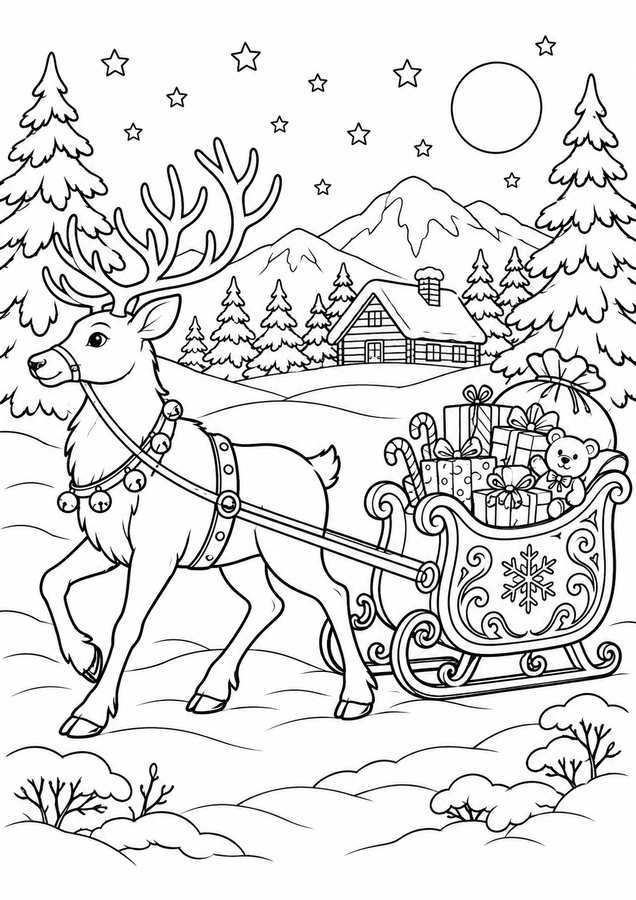 Reindeer pulling a Christmas sleigh printable activity preview
