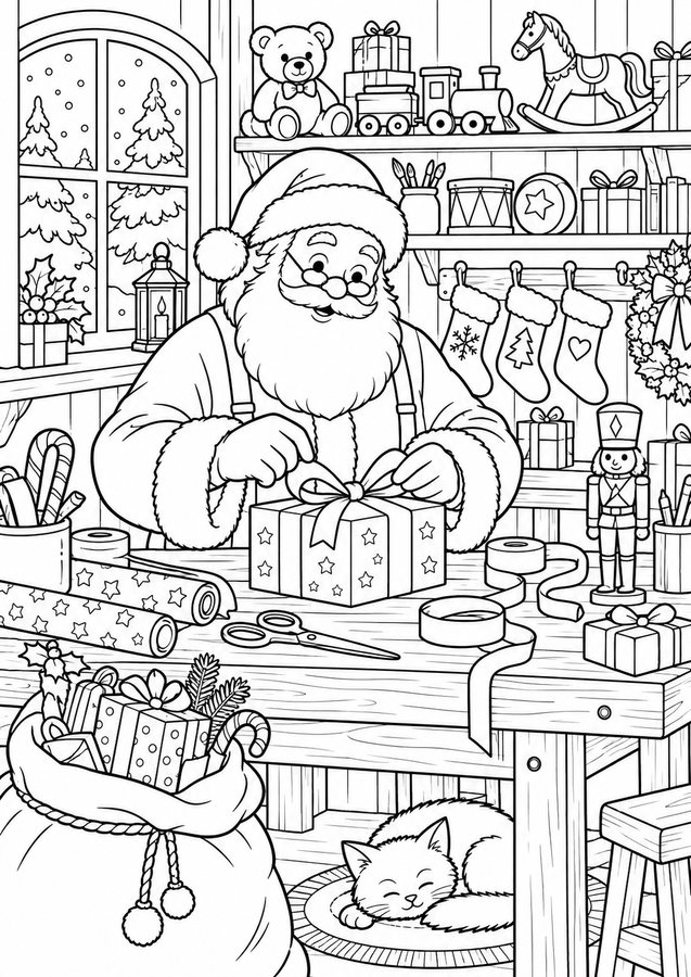 Santa packing gifts in his workshop printable activity preview