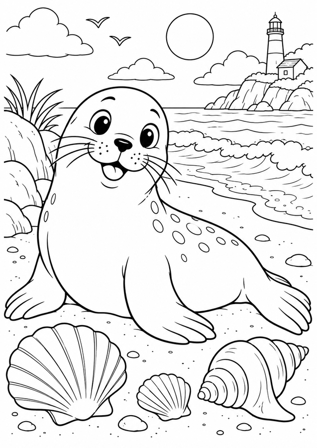 Seal and seashells printable activity preview