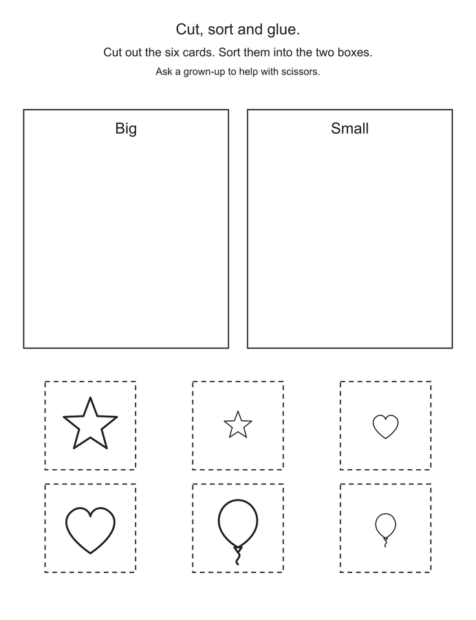 Cut and sort: big and small printable activity preview