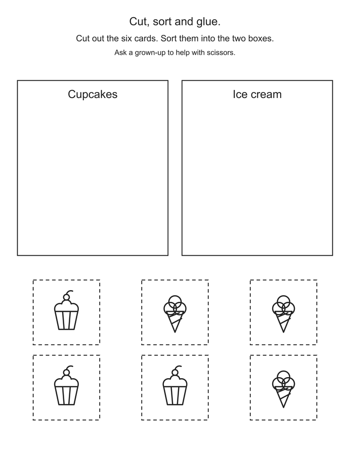 Cut and sort: cupcakes and ice cream printable activity preview