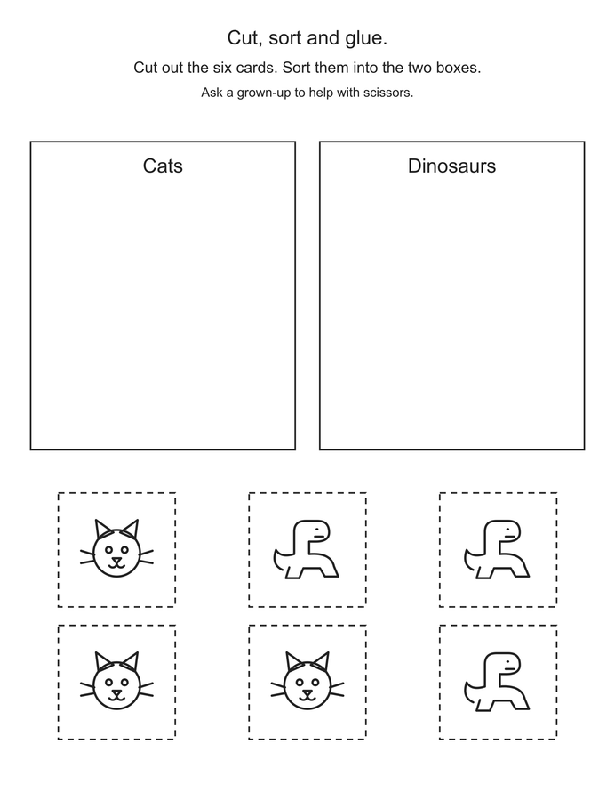 Cut and sort: cats and dinosaurs printable activity preview