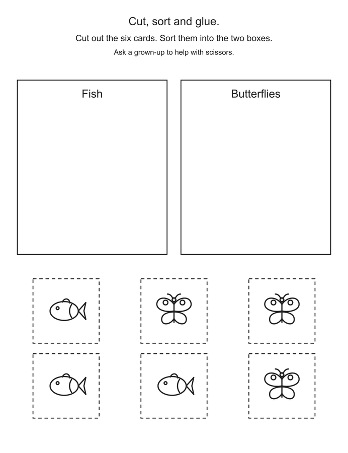 Cut and sort: fish and butterflies printable activity preview